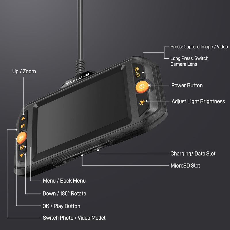 Teslong Dual Lens Endoscope with Light, Mechanic Borescope Inspection Camera, Fiber Optic Scope, Flexible Snake Probe for Automotive, HVAC, Wall & Home Inspections (16.5FT)