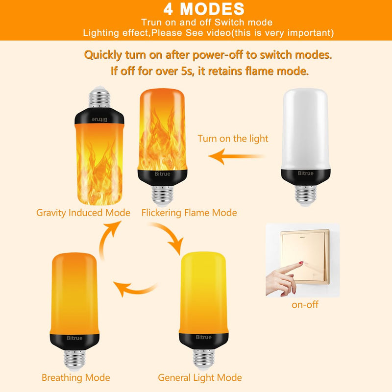 Bitrue LED Flame Effect Light Bulb, 4 Modes Flame Light Bulbs, E26 Base Fire Light Bulb with Gravity Sensor,Flickering Light Bulbs Halloween Home Party(4 Pack) 4 Pack