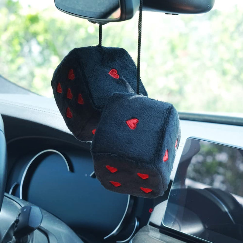 Pair 3” Fuzzy Plush Dice Heart Shape Decor for Car Rearview Mirror, Retro Square Decoration Dice for Car Hanging Accessories (Black-Red) Black-red