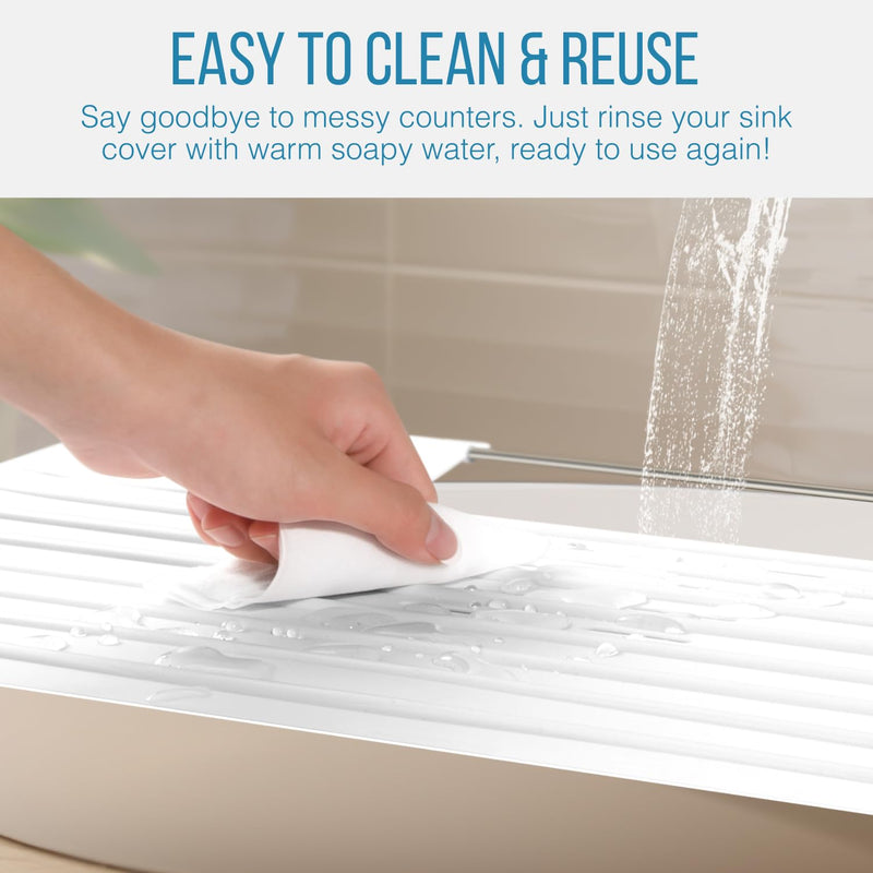 Maplefield Bathroom Sink Cover & Silicone Makeup Mat - White, 22" x 15" x 2" Inches - Heat Resistant to 400°F - Foldable Roll-Up Design with Raised Ridges - Space-Saving Countertop Mat Large