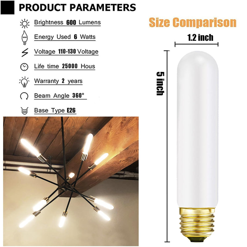 LEOOLS T10 Led Frosted Bulb,e26 Dimmable Tubular LED Light Bulb, 8W Equal 60 watt Light Bulb 3000K Soft White,CRI90+,600LM,E26 Base Matt Opal Porcelain,5.1inches Long Bulbs,6 Packs T10 5.1inch 8w 3000k Soft White (Matt Opal)