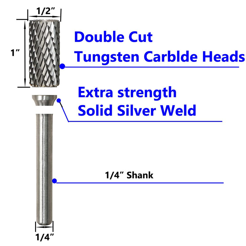 SB-5 Carbide Burr Set Tungsten Die Grinder Bits (1/2" Head Dia X 1" Cutter Length) with 1/4" (6.35mm) Shank for Die Grinder Bits Drill Rotary Tools Cylinder Shape (Pack of 5)