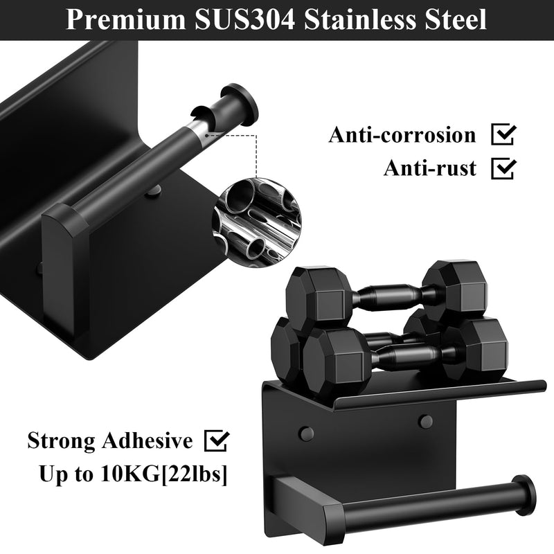 Tindbea Toilet Paper Holder Wall Mount + Towel Robe Hooks, Adhesive or Screw Wall Mounted Toilet Paper Roll Holder with Shelf, Stainless Steel Bathroom Organizers and Storage Kit (Matte Black) Regular Matte Black