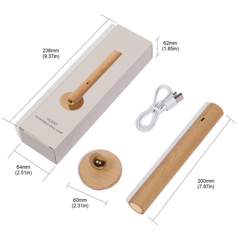 360° Rotatable Wooden Led Wall Lamp Magnetic USB Rechargeable Wall Sconces Battery Operated Led Night Light for Household (Beech Wood) Beech Wood 2PCS