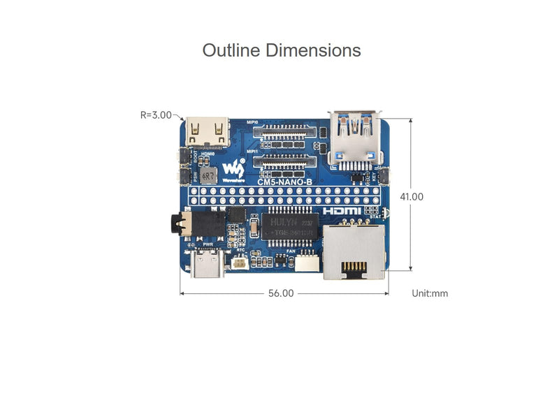 Nano Base Board for Raspberry Pi Compute Module 5 Lite/eMMC Series Board, Same Size as CM5, with CM5 Socket/40PIN GPIO Header/RJ45 Gigabit Eth/16PIN PCIe/HDMI/USB 3.2/Audio/MIPI Interface etc.