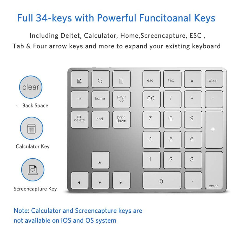 Bluetooth Number Pad, Wireless Numeric Keypad, USB-C Rechargeable External 34-Keys Numpad, Financial Data Entry Keyboard for iMac, MacBook Air/Pro, PC Desktop, Laptop Notebook(Silver) A-White