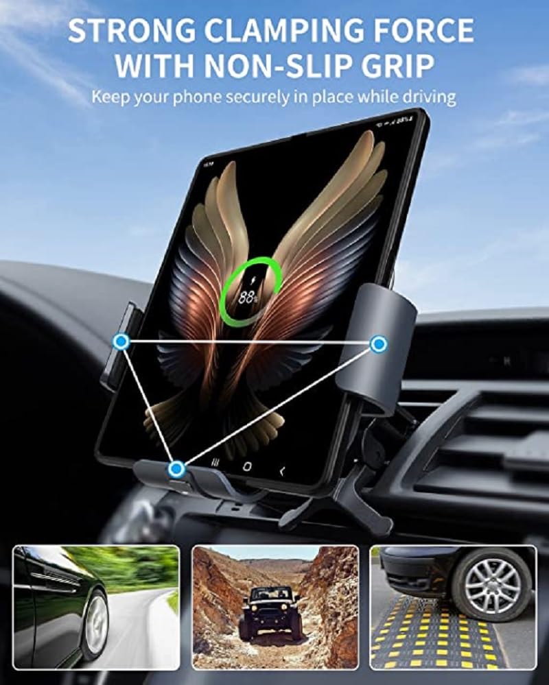 Wireless Car Charger Phone Mount for Galaxy Z Fold 5/4/3/2/S22 Ultra, Dual Coil 10W Fast Charging Auto-Clamping Car Air Vent Dashboard Phone Mount for Galaxy Z Fold/Note (Black) Black
