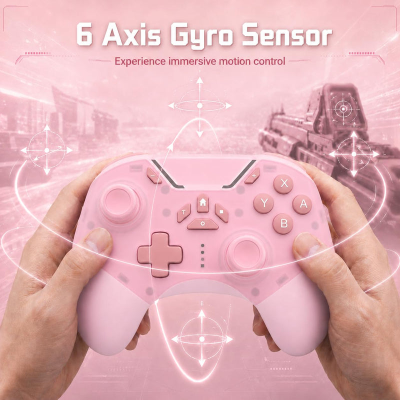 aghi Hall Effect Wireless Gaming Controller with Phone Clip | for iPhone/Android/PC/Steam/TV/Switch/Switch 2 with Hall Joysticks, Lock Speed, Macro, 6-Axis Gyro, Vibration, Turbo, Pink Light Pink