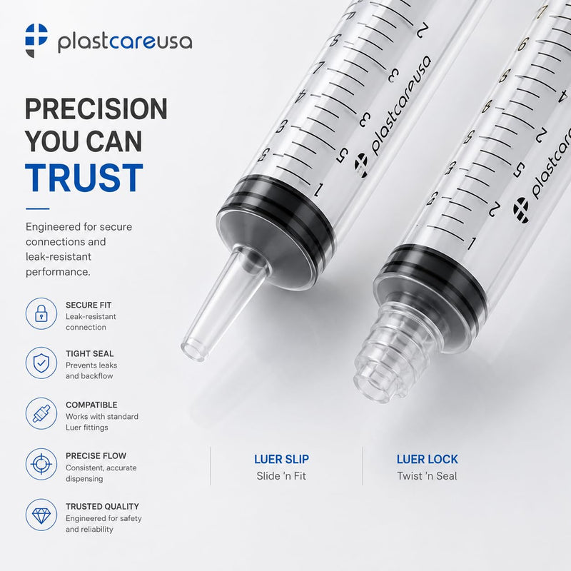 100 12ml Luer Lock Syringe without Needle, Disposable Luer Slip Tip Syringes - Non-Sterile, Latex-Free Plastic Dispenser by PlastCare USA 100.0