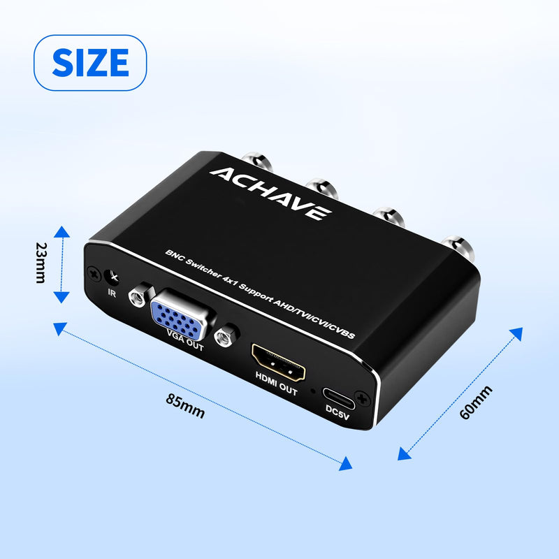 ACHAVE 4x1 BNC Switcher, Supports AHD/TVI/CVI/CVBS Signals, Simultaneous HDMI + VGA Output, 4-Channel Video Switcher for CCTV Camera/Monitor