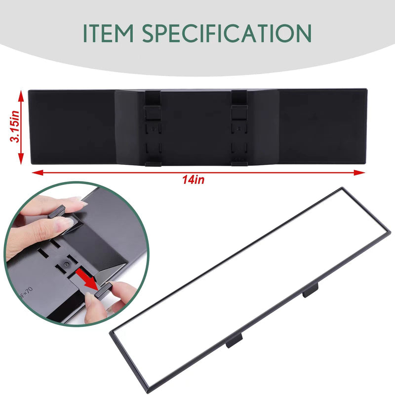 14" Wide Angle Rearview Mirror, Anti-Glare Clear Tint, Clip-on Flat Interior Mirror for Car SUV Truck – Universal Fit with Adjustable Clamps, Lightweight Design (Not Panoramic) 14" 1-pack