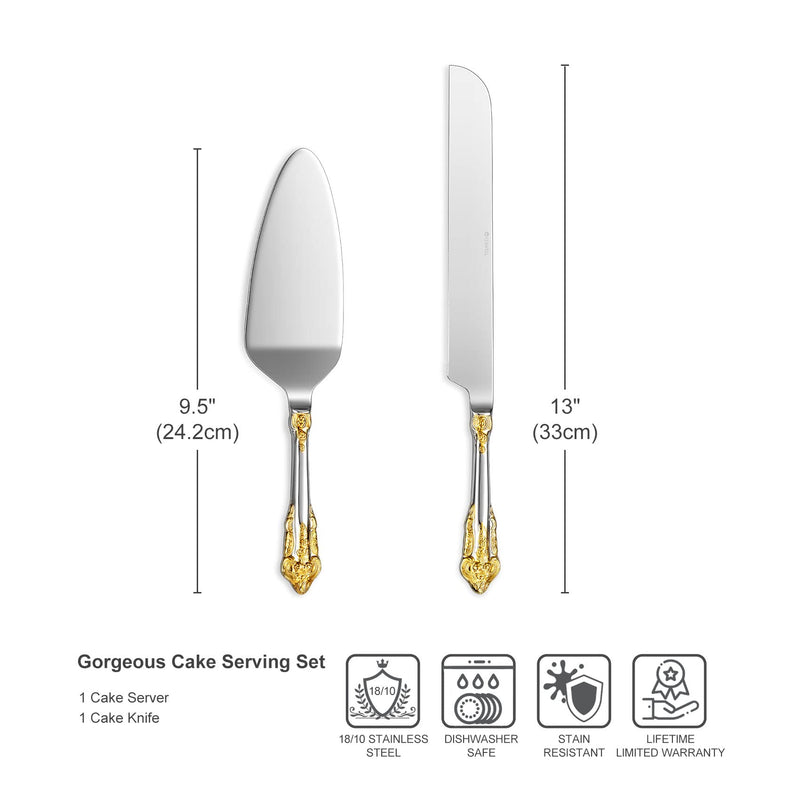 KEAWELL Gorgeous Wedding Cake Knife and Server Set, 18/10 Stainless Steel, Fine Luxury Cake Cutting Set (Gold Accent) Gold Accent