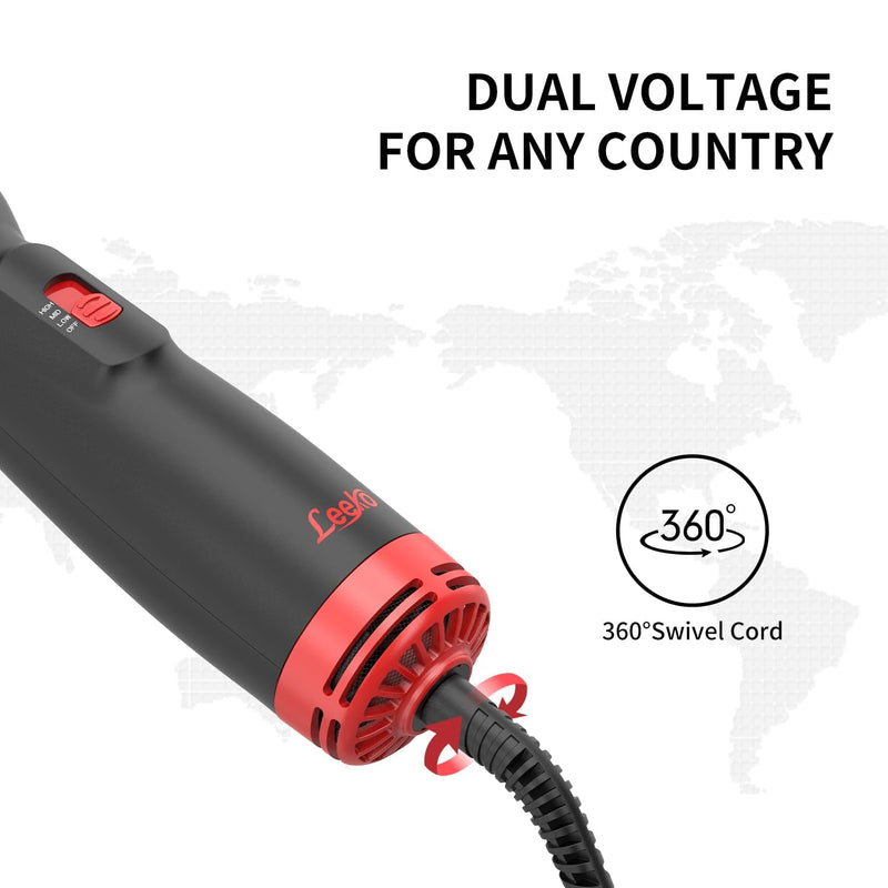 Leeko Hair Dryer Brush, 3-in-1 Hot Air Brush with 3 Temperature Settings, Lightweight Blow Dryer Brush, One-Step Hair Dryer and Styler, for Mid to Long Hair, Dual Voltage for Travel, Red