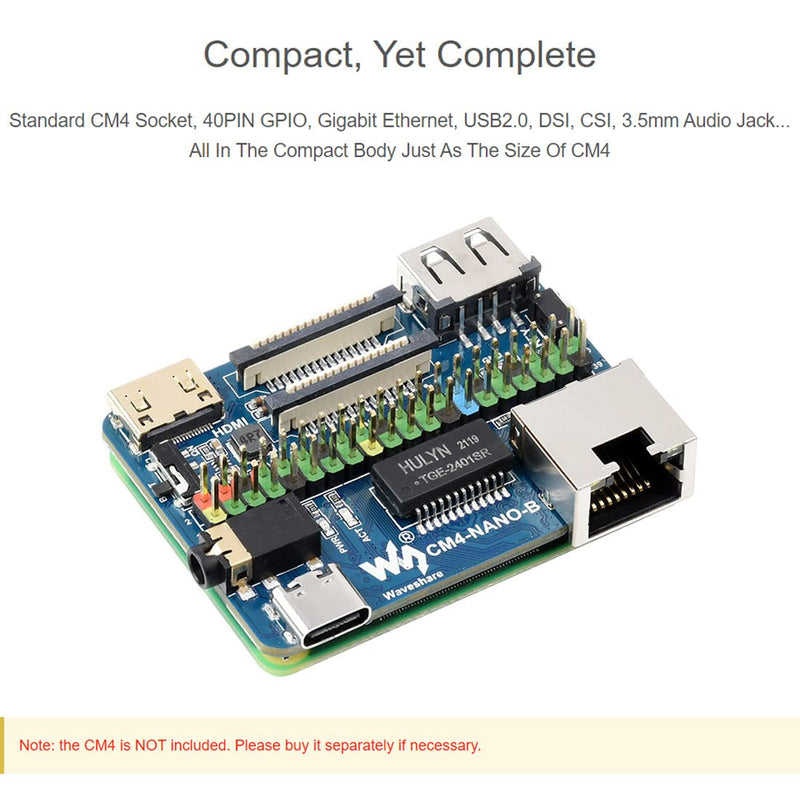 Waveshare Nano Base Board (B) for Raspberry Pi Compute Module 4 Same Size as CM4 Standard CM4 Socket 40PIN GPIO Gigabit Ethernet USB2.0 DSI CSI 3.5mm Audio Jack