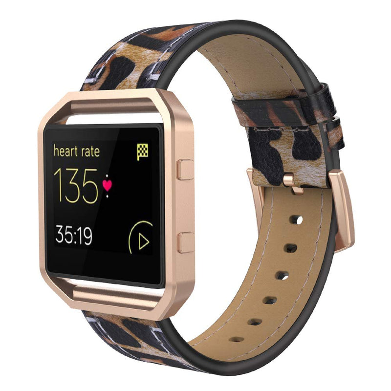 Simpeak Leather Band with Case Frame Compatible with Fitbit Blaze Smartwatch, Genuine Leather Band Replacement for Fitbit Blaze, Leapard + Rose Gold Frame Small