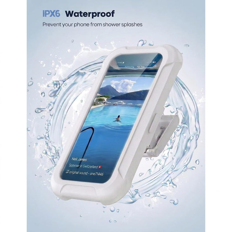 Shower Phone Holder Waterproof - 480° Rotatable Retractable Adjustable iPhone Case Holder with Touch Screen, Bathroom Wall Phone Mount Stand Water Proof Anti Fog, Accessories for 4-7" Cellphones White