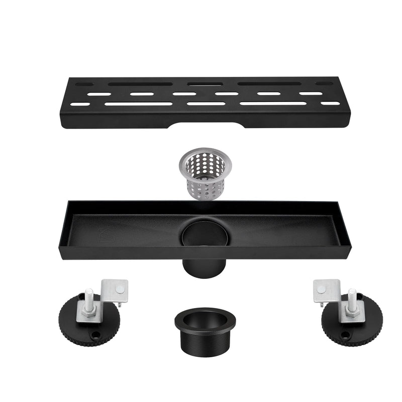 12 Inch Black Linear Shower Drain, Rectangular Shower Floor Drains with Brickwork Cover, 304 Stainless Steel Black Linear Drain for Bathroom with Leveling Feet, Hair Strainer (Matte Black) 12 Inch