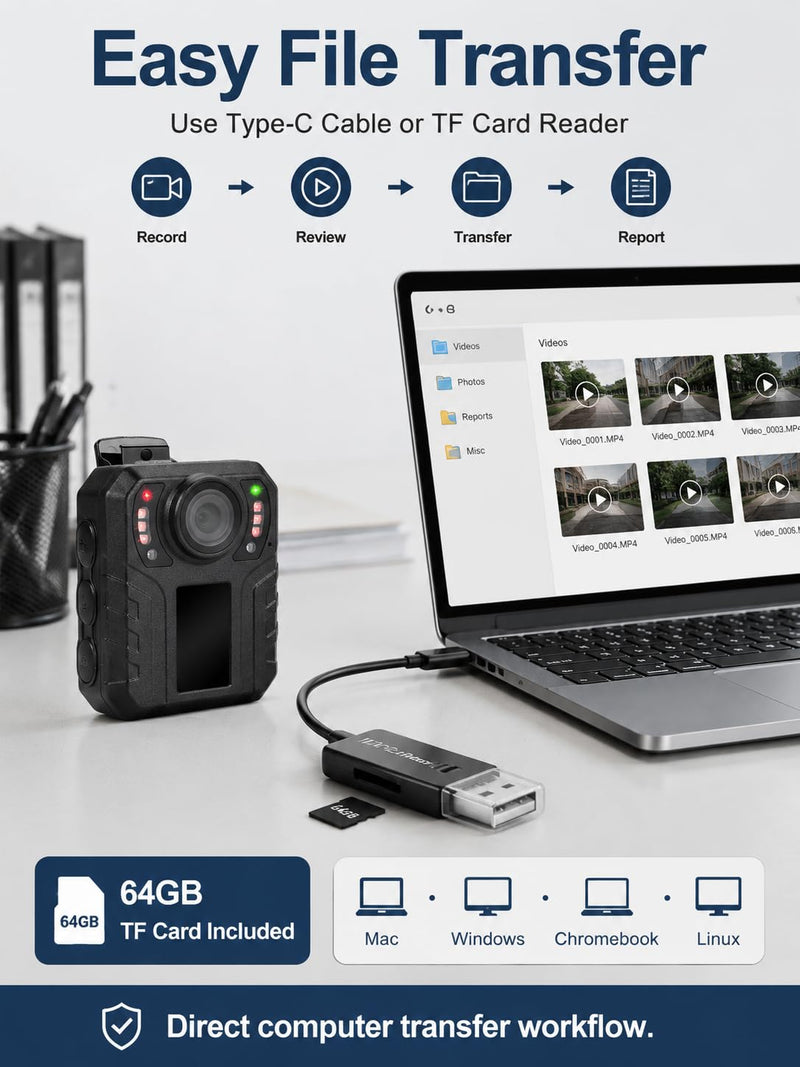 SPIKECAM 10 Hours Body Cameras with Audio and Video Recording, Real 1080P Body Cam for Security Guards, 2-Inch Screen Bodycam with Clear IR Night Vision, USB-C, 360° Clip 32G