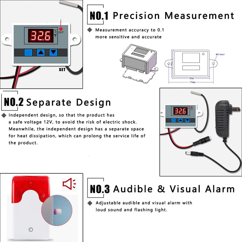 12V High/Low Temperature Monitor, Temperature Sensor with 5M Waterproof Probe, 0~120dB Adjustable Audible/Visual Freezer Alarm, Refrigerator Thermometer for Fridge/Cold Chain/RV/Pond/Farming/Factory
