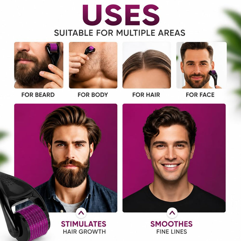 Derma Roller 0.5mm – 540 Titanium Microneedling Roller for Beard and Hair Growth for Men – Supports a Thicker, Fuller Look, Scalp Care, Skincare and Enhanced Serum Absorption at Home Routine