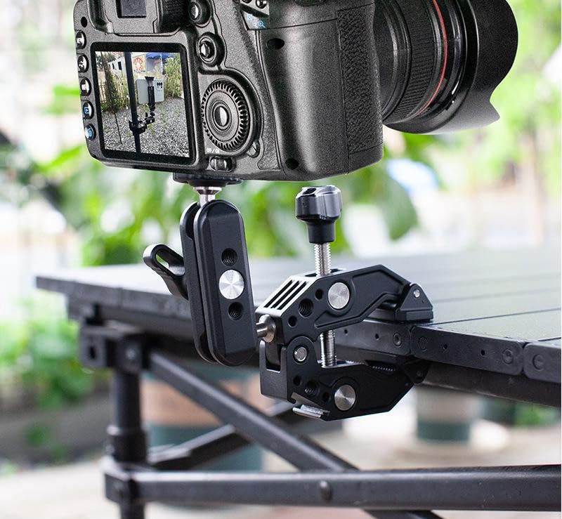 Super Clamp with 3” 360°Dual Ballhead Magic Arm, Cold Shoe, 1/4” Threads Mount Adapter for Phone, Action Camera, Desk Tripod, Tube, Gimbal, Compatible with SmallRig, GoPro, DJI Model ST83,13–65mm