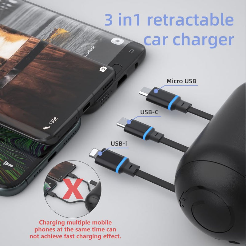 OHLPRO Multi Car Retractable Backseat 3 in 1 Car Charging Station Box Compatible with All Phones | iPhone | Samsung | Uber Taxi Lyft Turo Ride Share Customer Charging Dock Attach to Headrest 2 Pack | 3-IN-1 Charging Station