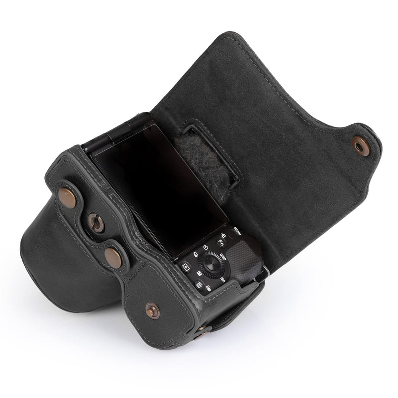 MegaGear MG2006 Ever Ready Genuine Leather Camera Case Compatible with Sony ZV-E10, Full Body Protection Lens Cover Bag with Shoulder Strap, Black