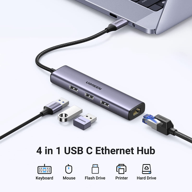 UGREEN USB C to Ethernet Adapter, 4 in 1 USB C Hub Ethernet with 3 USB 3.0 Ports/Gigabit Rj45, Plug & Play, Thunderbolt (3/4) to Network Adapter for MacBook Pro/Air, XPS, iPad Pro, iPhone 15 Pro/Max