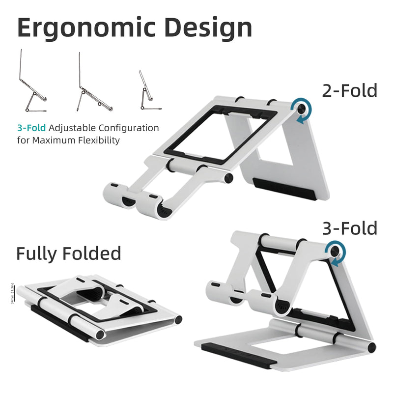 Adjustable Laptop Stand for Desk, Foldable Aluminum & Ergonomic Laptop Riser Holder Compatible with MacBook Air/Pro, HP, Dell, Lenovo and Tablet(10-17 inch) -Silver Silver-white