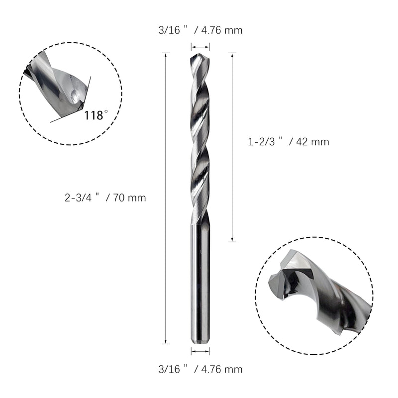 LU&MN Solid Carbide Jobber Drill Bit with Bright Finish-118° Split Point for Industrial Use on Cast Iron, Stainless Steel, Aluminum, etc.-3/16" Dia, 2 Pcs 3/16 in
