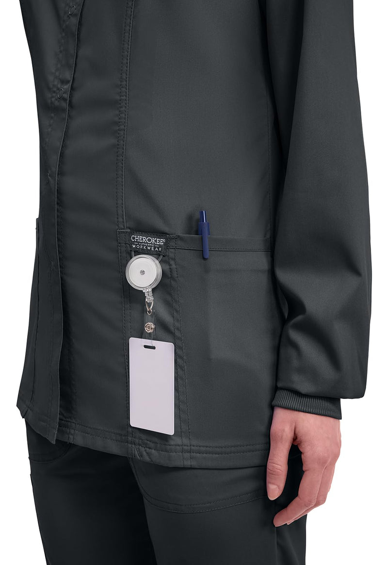 Cherokee Womens Scrub Jacket Nurse Snap Front Medical Uniform with Pockets, 2-Way Stretch, Easy Care Soft Fabric - WW310 Medium Black