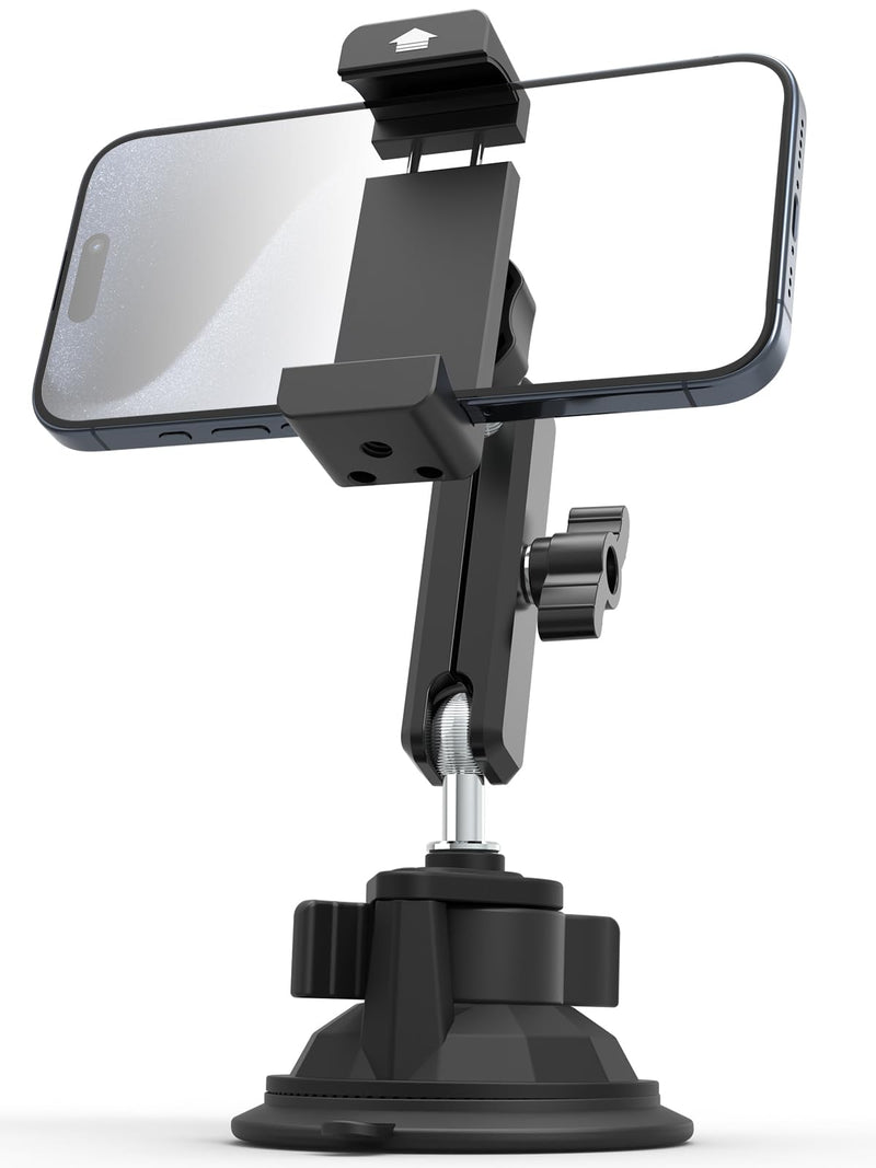 Suction Cup Car Phone Holder, Metal Phone Mount for Car Windshield | Aluminum Alloy, 360°Adjusting Arm, Heat Resistant Cellphone Holder for iPhone17 16 15 Pro Max, Galaxy S26 & 4-7" All Phones
