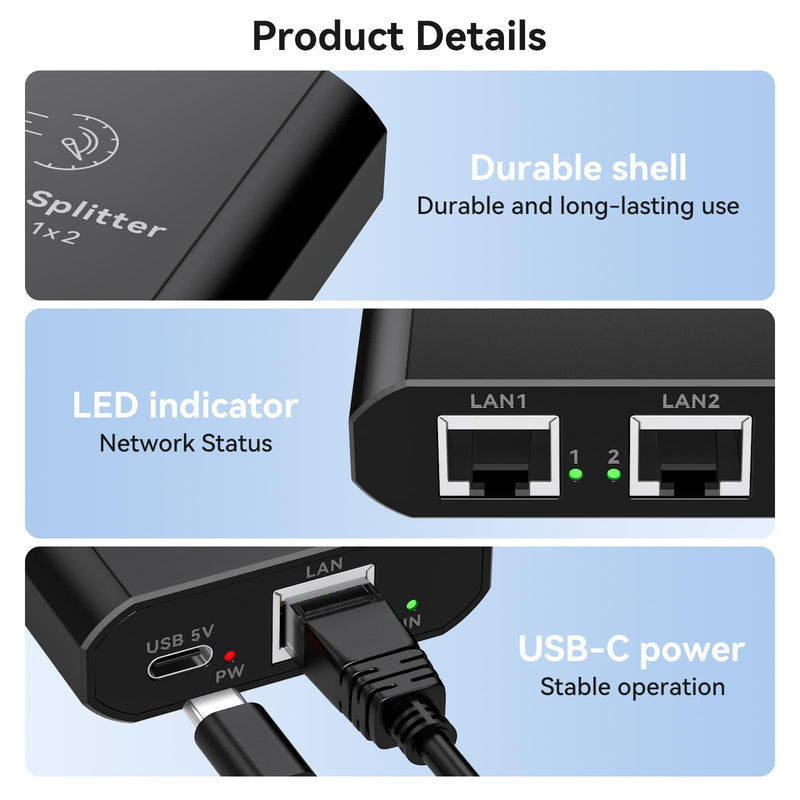 Ethernet Splitter 1 to 2 1000Mbps Internet Cable Splitter 1 in 2 Out High Speed Either Network Splitter Gigabit Dual LAN RJ45 Port Router Switch Work with Cat6/7/8 Cable Ethernet Splitter 1 to 2