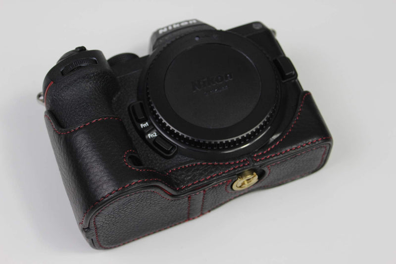 Z7 Z6 Z5 Case, BolinUS Handmade Genuine Real Leather Half Camera Case Bag Cover for Nikon Z5 Z6/Z6II Z7/Z7II Bottom Opening Version + Hand Strap (Black) Black