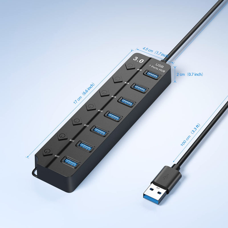 USB Hub 3.0, 7-Port USB Hub Splitter with Individual On/Off Switches and Lights, 3.2ft/1m Long Cable Compatible with MacBook, Laptop, Surface Pro, PS4, PC, Flash Drive, Mobile HDD Black