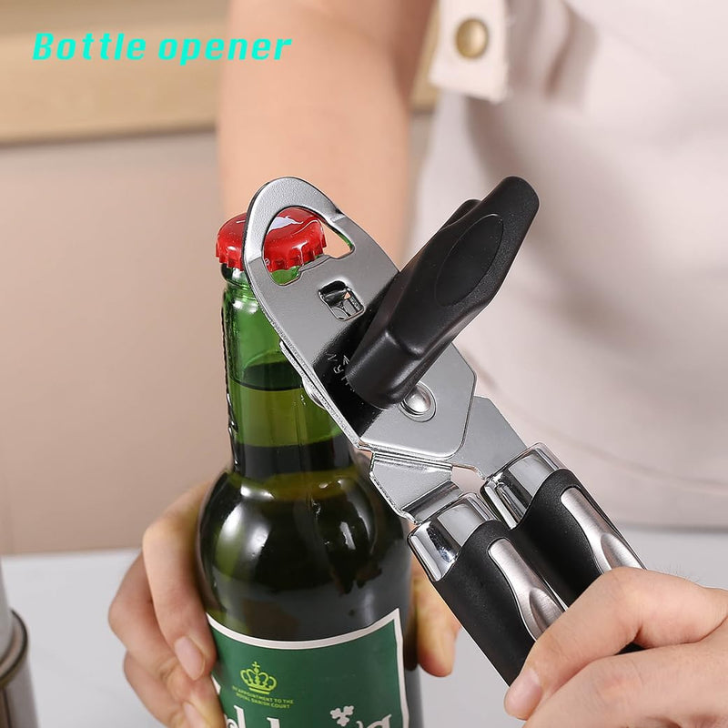 2025 Upgrade 3-in-1 Manual Can Opener with Bottle Opener & Milk Powder Opener, Effortless Operation, Soft Grip Handles, Easy to Turn, Heavy Duty Can Openers for Seniors - Remove Lid with Magnet, Black