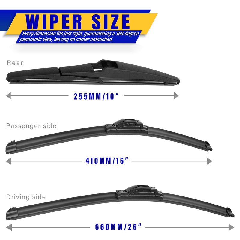 3 wipers Replacement for 2013-2018 Toyota RAV4, Windshield Wiper Blades Original Equipment Replacement - 26"/16"/10" (Set of 3) U/J HOOK 26"+16"+10"