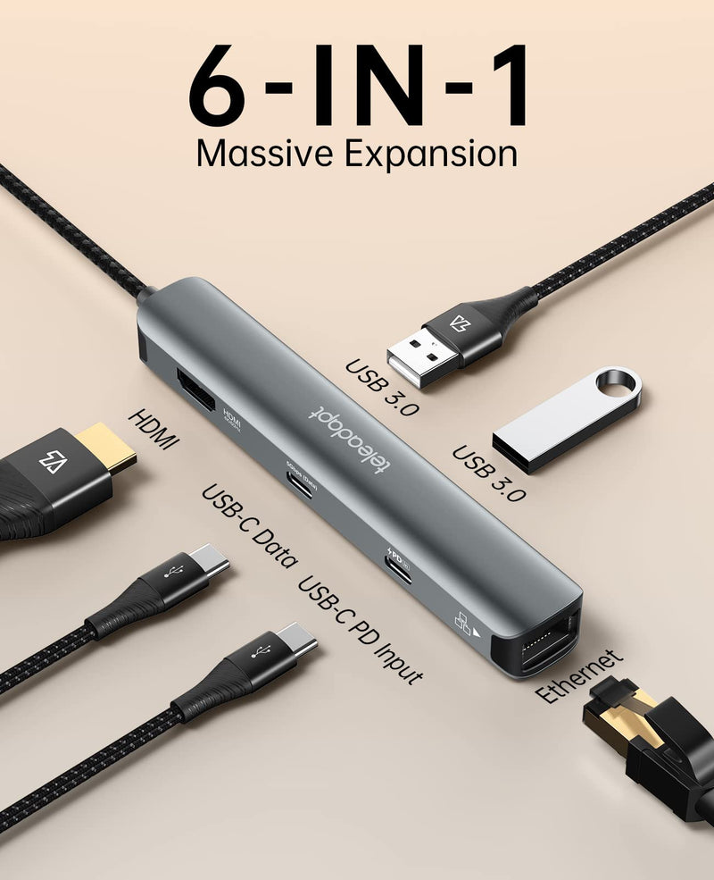 USB Type C Hub, 6-in-1 USBC HDMI Adapter with Ethernet, 5Gbps USB Type-C Data, 2 USB 3.0, USB Hub Power Delivery 100W Ideal for MacBook Pro/Air, iPad Pro, Dell XPS