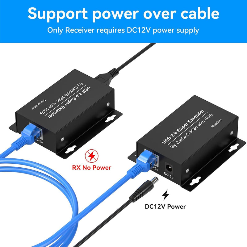 USB Extender Over Ethernet USB 2.0 HUB RJ45 Cat5e/6, 196ft/60m, up to 480Mbps Transfer Rate No Driver Required Supports POC Power Supply, Supports Connecting Keyboard Mouse U Disk Printer etc. Black
