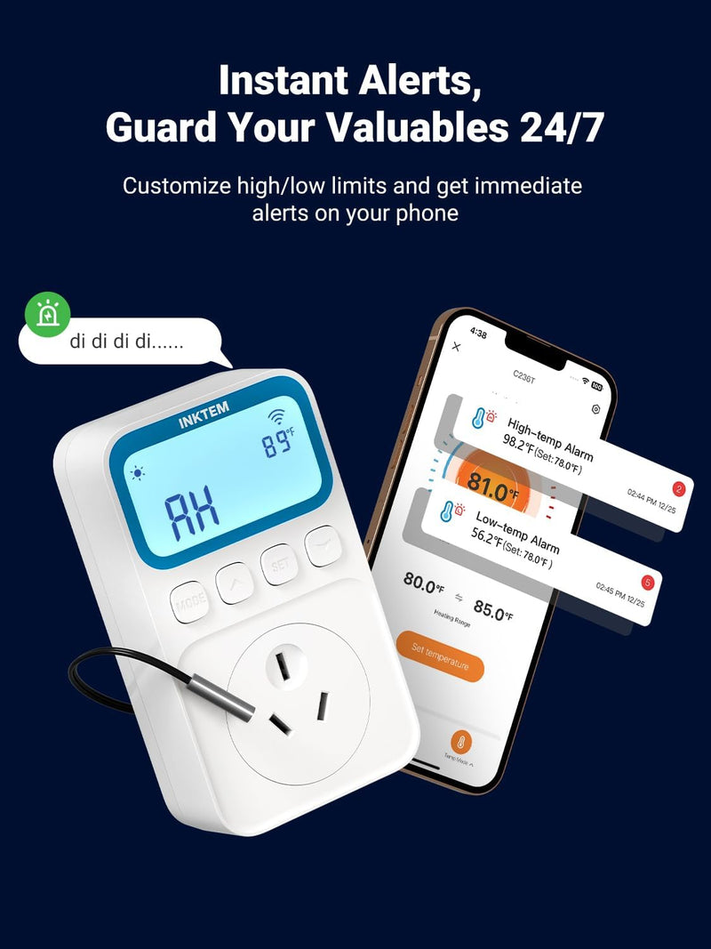 WiFi Plug in Thermostat Outlet, Temperature Controlled Outlet with Smart APP, Timer & Memory Digital Temp Controller -40~212℉, IP67 Waterproof Probe for Incubator Homebrew Reptile Space Heater | 16A