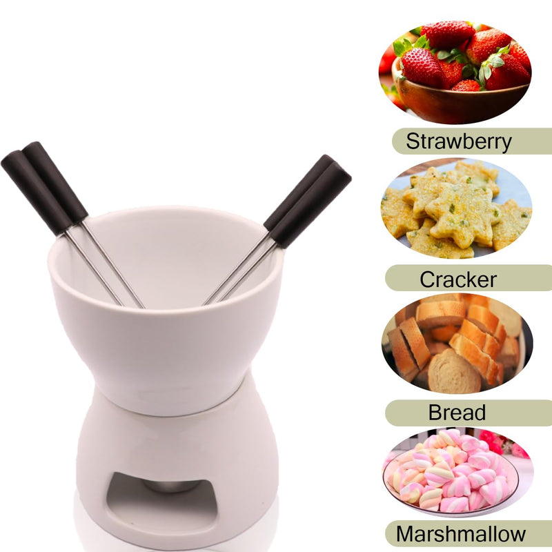 Fondue Pot Set with 4 Forks Ceramic Butter Warmer Set Premium Tea Light Porcelain Melting Pot for Chocolate Cheese Caramel