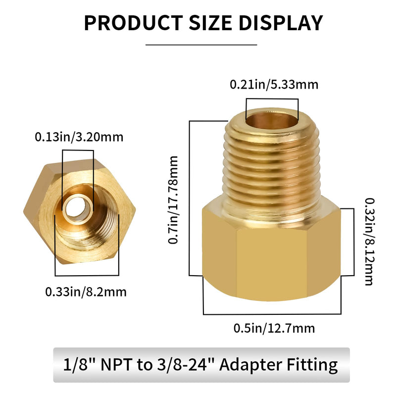 1/8" NPT to 3/8-24" Adapter Fitting - Brass Inverted Flare Female Brake Adapter for Hydraulic, Refrigerant, Fuel Lines (4PCS) 1/8" NPT to 3/8-24" Adapter Fitting