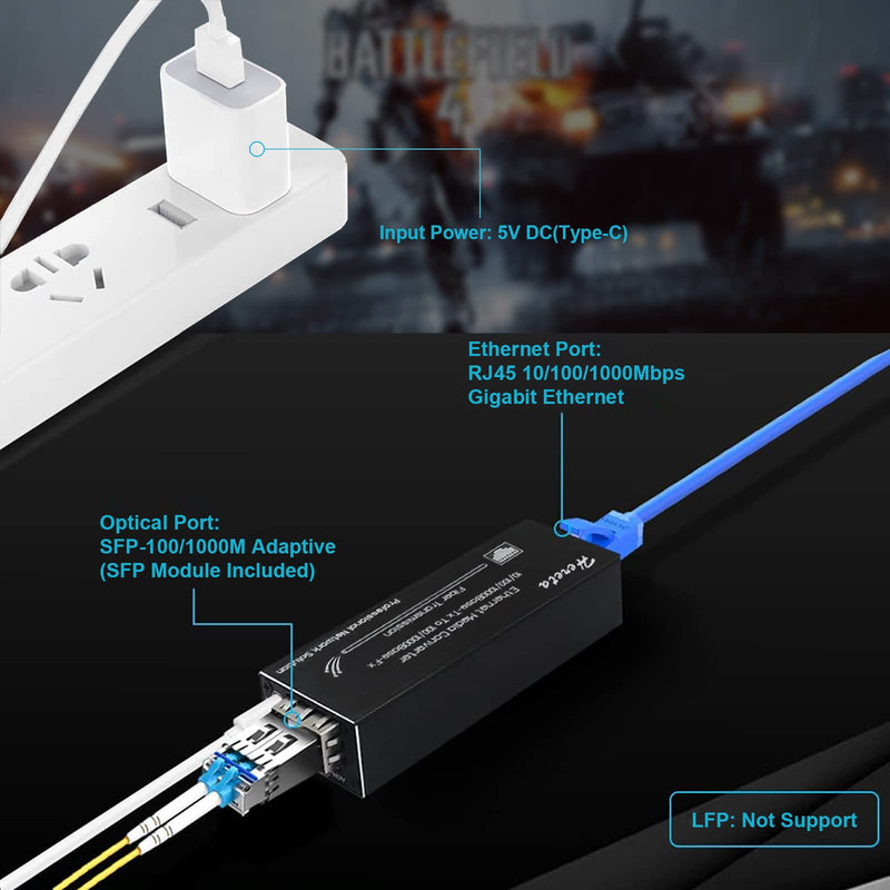 Industrial Gigabit Fiber Media Converter with Single Mode Dual Fiber SFP/LC Module 10/100/1000Base-TX to 100/1000Base-Fx Mini Ethernet Media Hardened Converter USB Type C Power Input