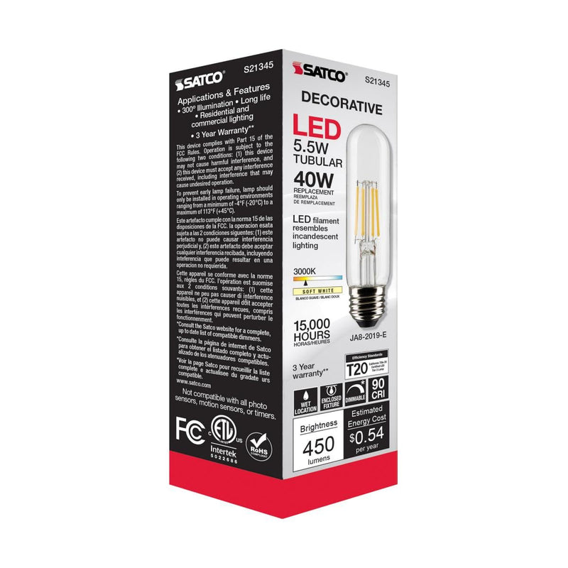 Satco 5.5-Watt LED E26 Light Bulbs, 3000K, 15000 Hour Rating, Dimmable, Wet Location, 6 Pack