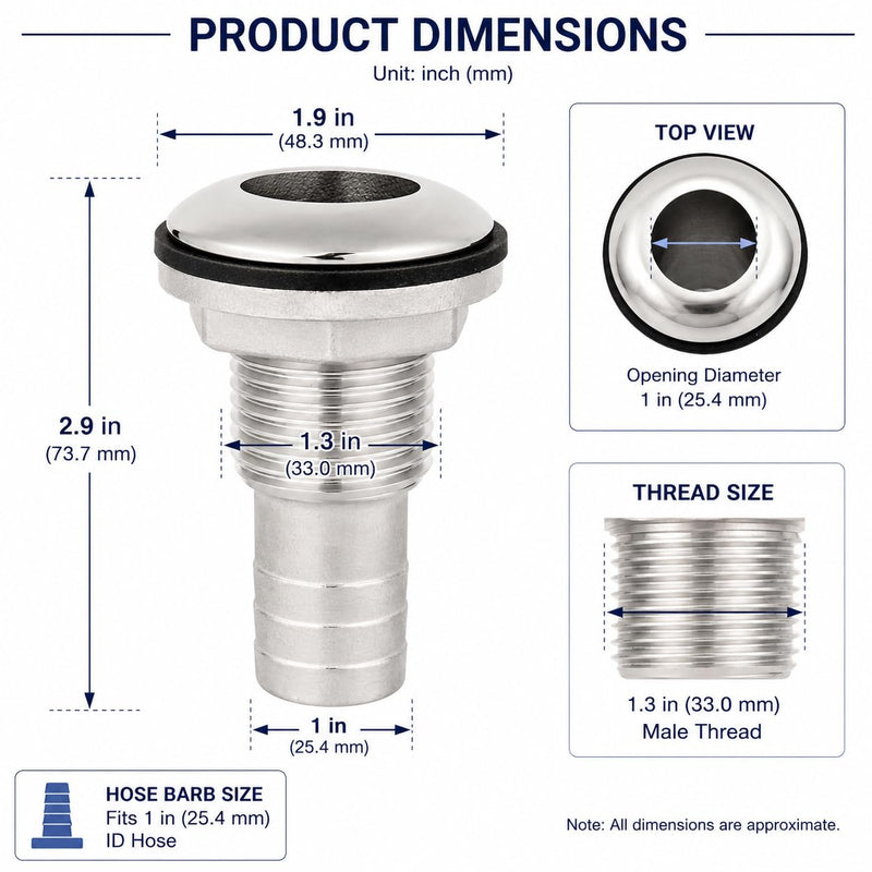 316 Stainless Steel Boat Thru-Hull Fitting with Hose Barb for 1" I.D. Hose, Through Hull Drain Fitting for Marine Bilge Scupper Water Drain Applications
