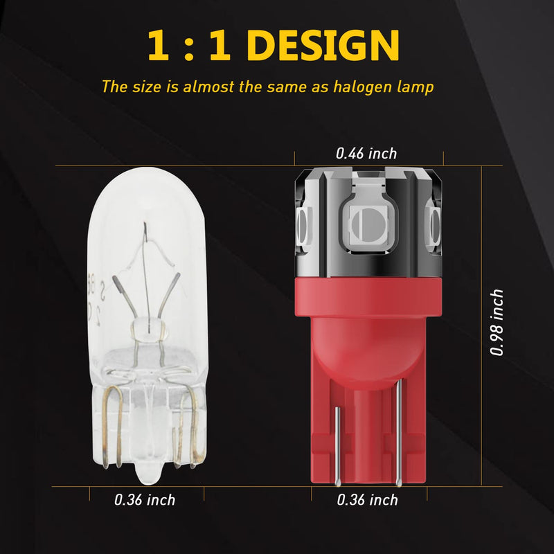 PHINLION 194 LED Light Bulb Red Super Bright 168 2825 W5W T10 Wedge 6-SMD 3030 Chipsets LED Replacement Bulbs for Car Dome Map Parking Door Courtesy Side Marker License Plate Lights
