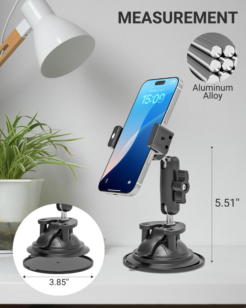 Vacuum Suction Cup Phone Mount for Car Truck Helicopter Airplane | Metal 360° Rotatable Windshield Dashboard Firm Grip Smartphone Holder, Fit for iPhone17 16 Pro Max 15 14, and 4-7" Cellphone