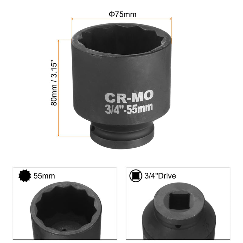 uxcell 3/4-Inch Drive 12 Point Impact Socket 55mm Metric Spindle Axle Nut Socket Driver Wrench for Auto Repair Easy Removal