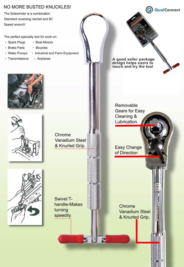 QualConnect® 1/2-inch Sidewinder Speedwrench, Professional Drive Reversing, Reversible Speedwrench, Ratchet w/Knurled Handle w/U.S. patent no. 6718850B2