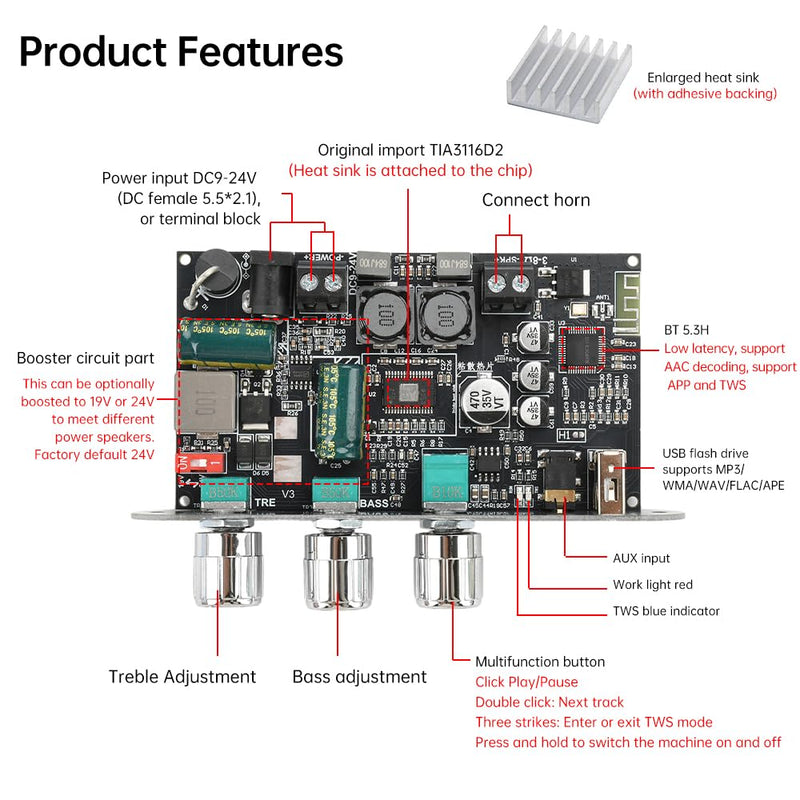 ZK-1001U Mono Amplifier Board, Bluetooth 5.3 100W TPA3116D2 Audio Amp Module with TWS, Treble Bass Control, USB AUX Input, DC 9-24V for Car DIY Home Outdoor Speakers